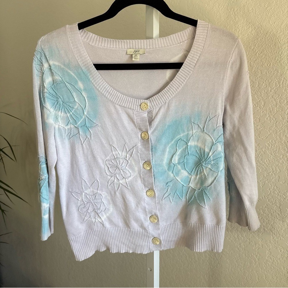 J Jill Cardigan Sweater Small Purple & Blue Floral Embroidered Cotton Buttons
